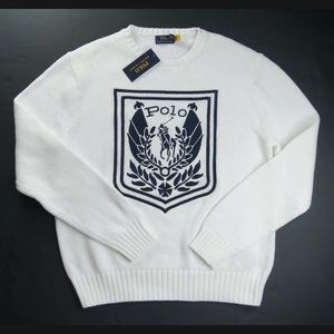POLO RALPH LAUREN Men's White Crest Logo Embroidered Cotton Knit Sweater NWT